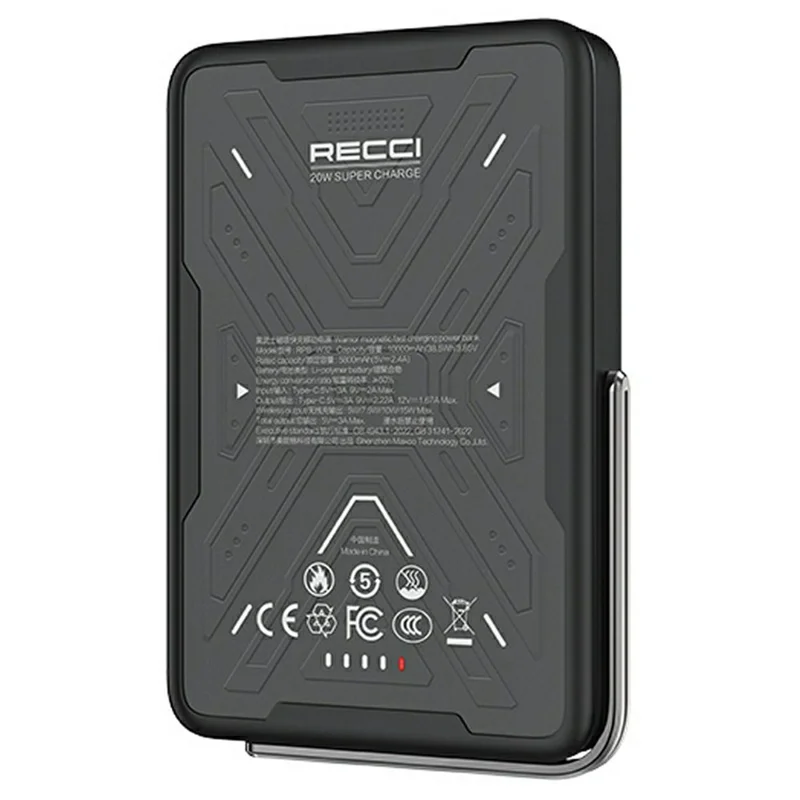 RECCI RPB-W32 Power Bank Portatile da 10000mAh con Supporto Magnetico 15W Ricarica Wireless - Nero