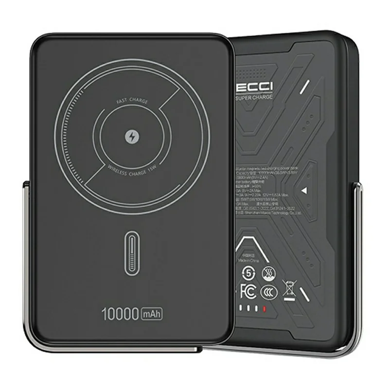 RECCI RPB-W32 Power Bank Portatile da 10000mAh con Supporto Magnetico 15W Ricarica Wireless - Nero