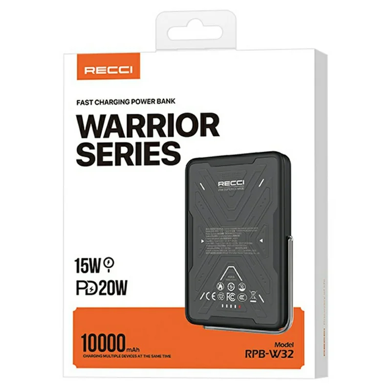 RECCI RPB-W32 Power Bank Portatile da 10000mAh con Supporto Magnetico 15W Ricarica Wireless - Nero