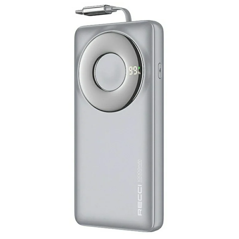 RECCI RPB-P58 10000mAh Battery Pack Portable Power Bank with 22.5W Fast Charging Retractable Type-C Cable - Grey