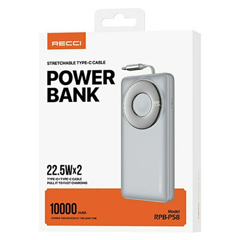 RECCI RPB-P58 10000mAh Battery Pack Portable Power Bank with 22.5W Fast Charging Retractable Type-C Cable - Grey