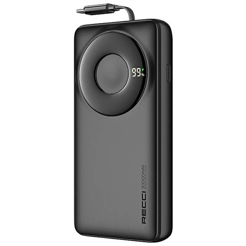 RECCI RPB-P72 20000mAh Portable Charger 65W Fast Charging Power Bank with Retractable Cable - Black
