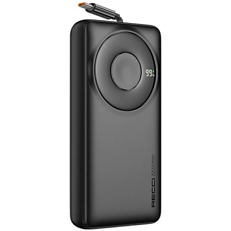 RECCI RPB-P72 20000mAh Portable Charger 65W Fast Charging Power Bank with Retractable Cable - Black