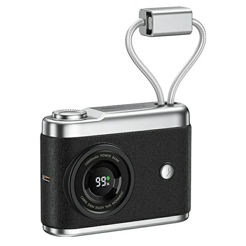 RECCI RPB-P66 Mini Camera Shape Digital Display Power Bank 10000mAh Portable Charger with Built In Type C + iP Cables - Black