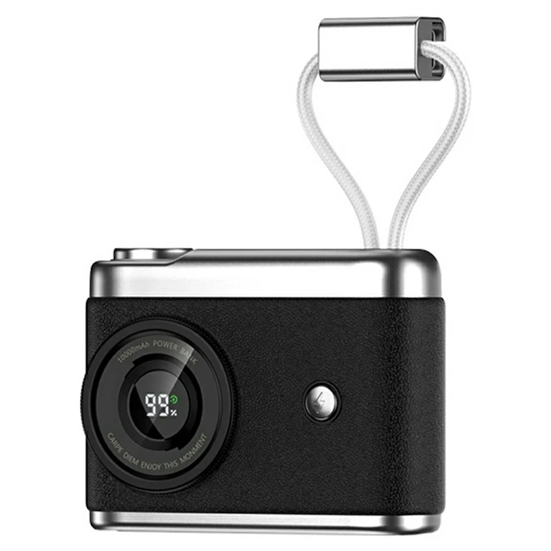 RECCI RPB-P66 Mini Camera Shape Digital Display Power Bank 10000mAh Portable Charger with Built In Type C + iP Cables - Black