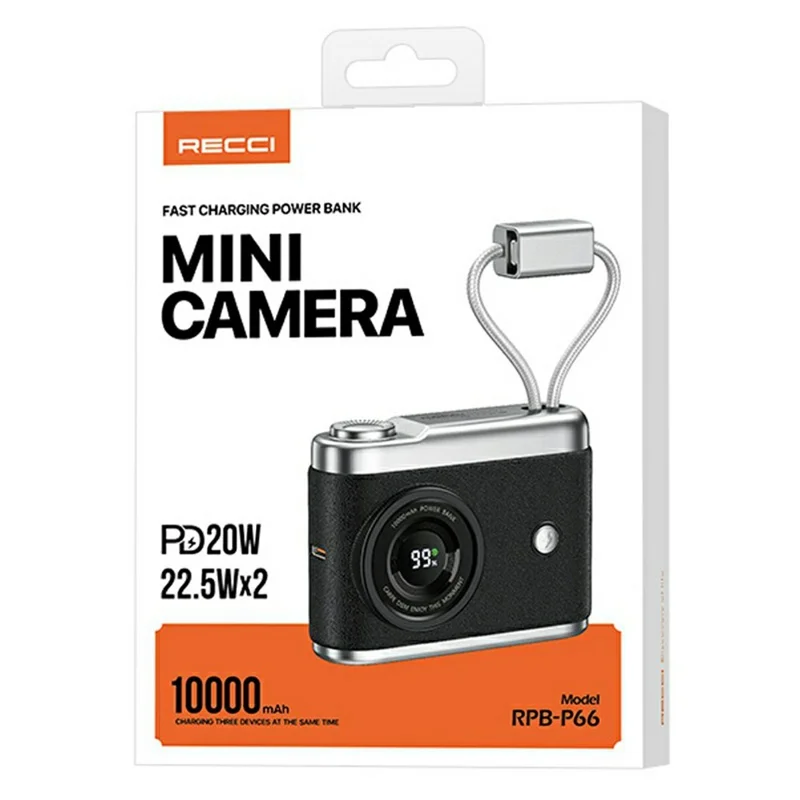 RECCI RPB-P66 Mini Camera Shape Digital Display Power Bank 10000mAh Portable Charger with Built In Type C + iP Cables - Black