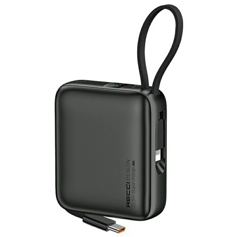 RECCI RPB-P62 10000mAh Portable Charger 22.5W Fast Charging Power Bank with Built In Type C + iP Cables - Black