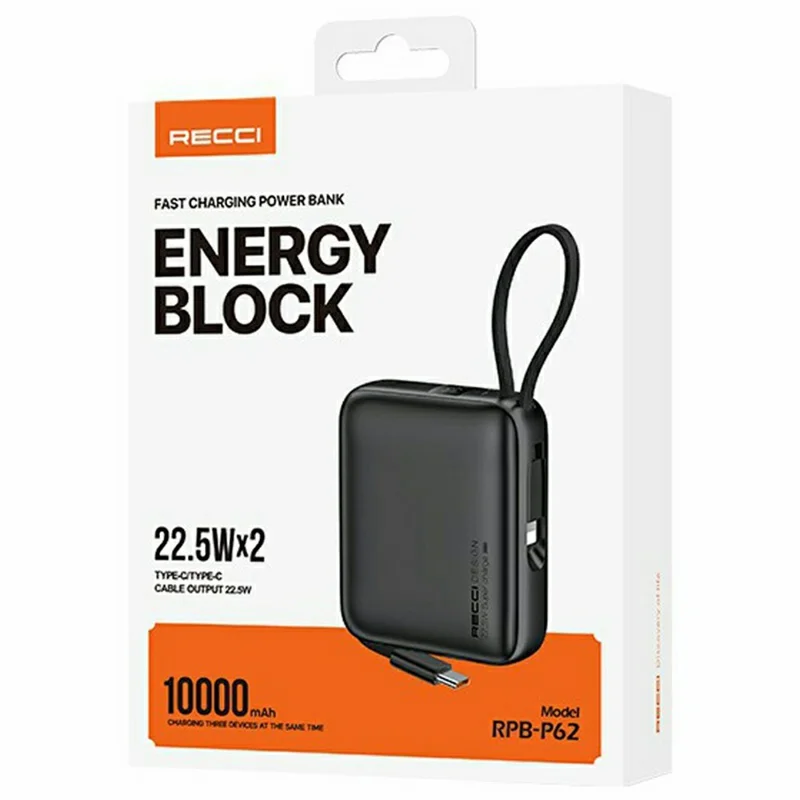 RECCI RPB-P62 10000mAh Portable Charger 22.5W Fast Charging Power Bank with Built In Type C + iP Cables - Black