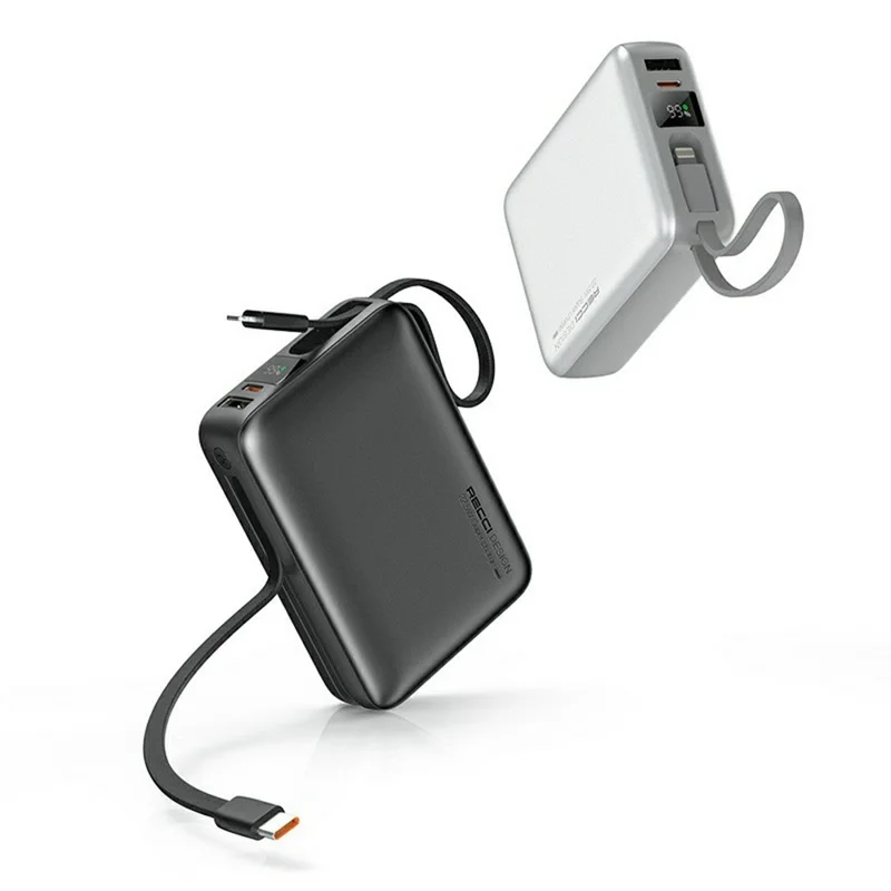 RECCI RPB-P63 20000mAh Portable Charger 22.5W Fast Charging Power Bank with Built In Type C + iP Cables - Black