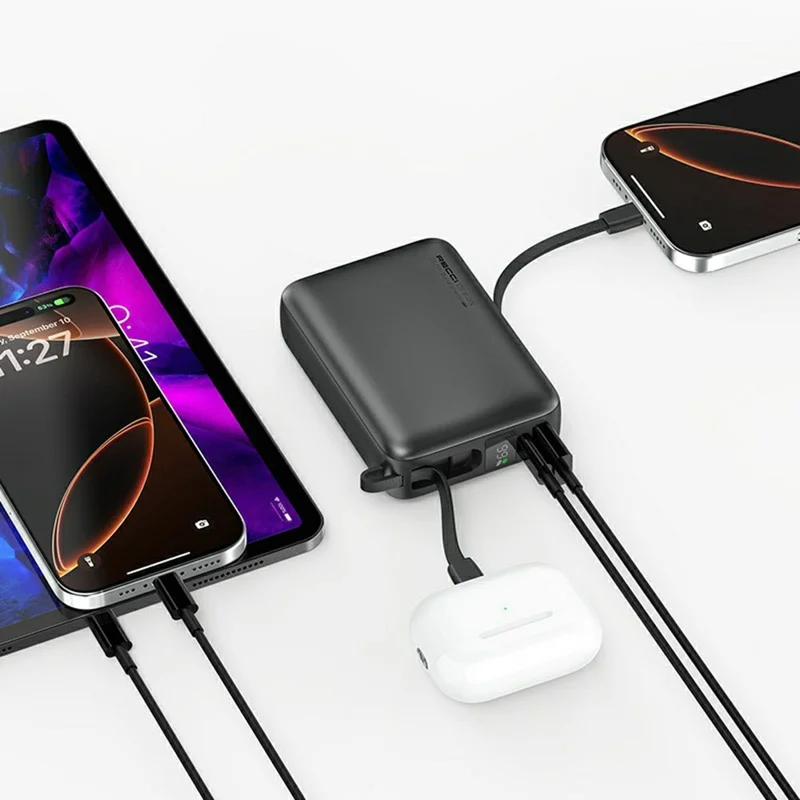 RECCI RPB-P63 20000mAh Portable Charger 22.5W Fast Charging Power Bank with Built In Type C + iP Cables - Black