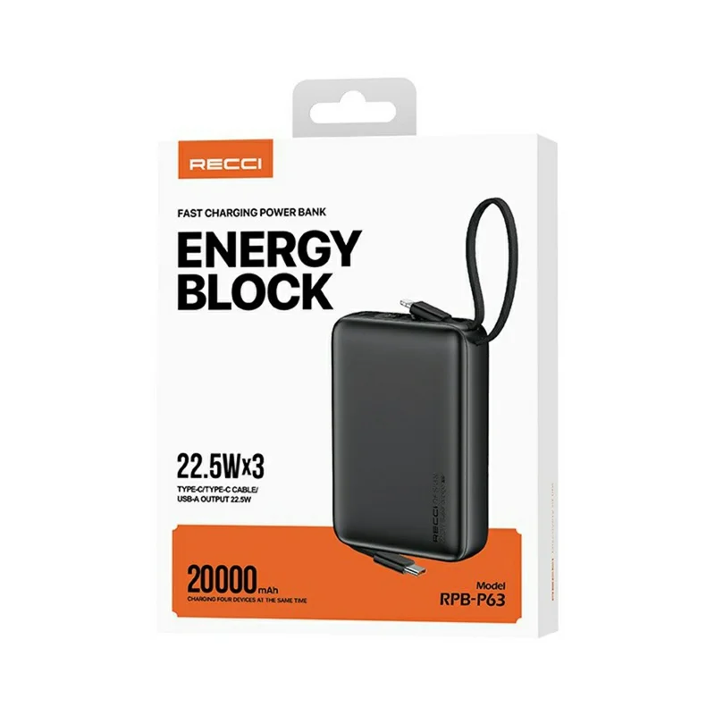 RECCI RPB-P63 20000mAh Portable Charger 22.5W Fast Charging Power Bank with Built In Type C + iP Cables - Black