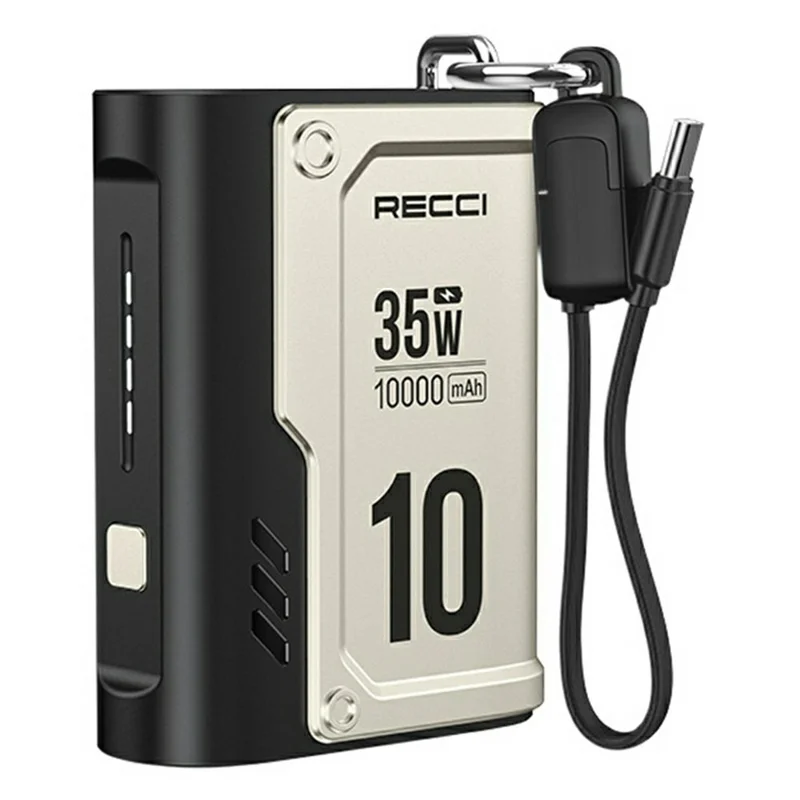 RECCI RPB-P57 10000mAh Power Bank PD 35W Fast Charging Portable Charger with Built In Type-C Cable - Black