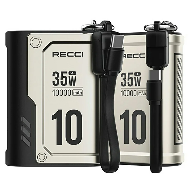 RECCI RPB-P57 10000mAh Power Bank PD 35W Fast Charging Portable Charger with Built In Type-C Cable - Black