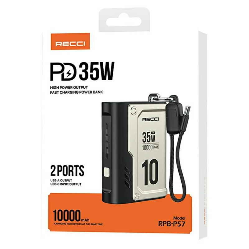 RECCI RPB-P57 10000mAh Power Bank PD 35W Fast Charging Portable Charger with Built In Type-C Cable - Black