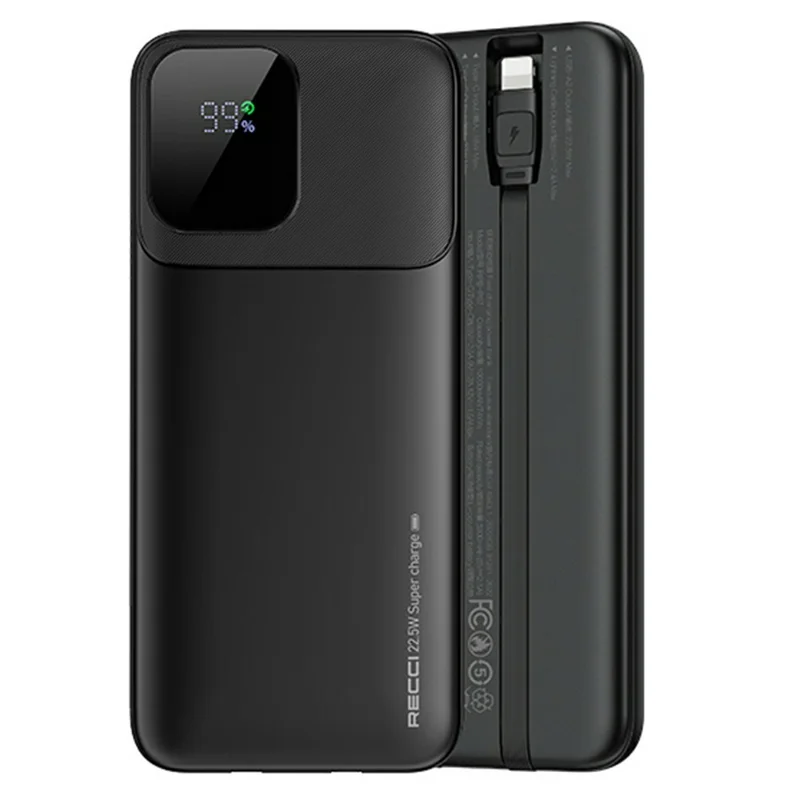 RECCI RPB-P67 10000mAh Power Bank Digital Display Portable Phone Charger Built-in Cable - Black