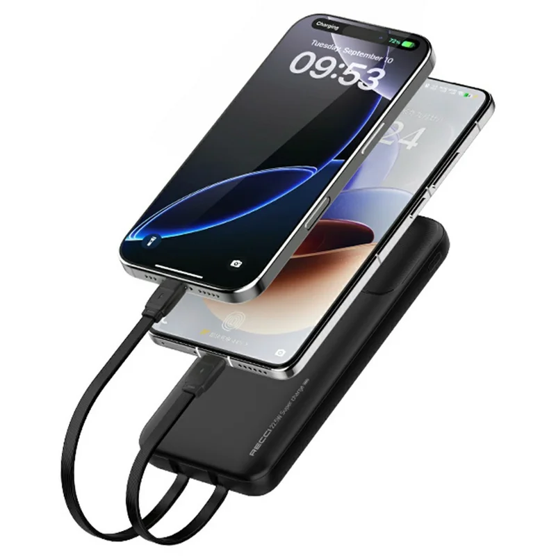 RECCI RPB-P67 10000mAh Power Bank Digital Display Portable Phone Charger Built-in Cable - Black