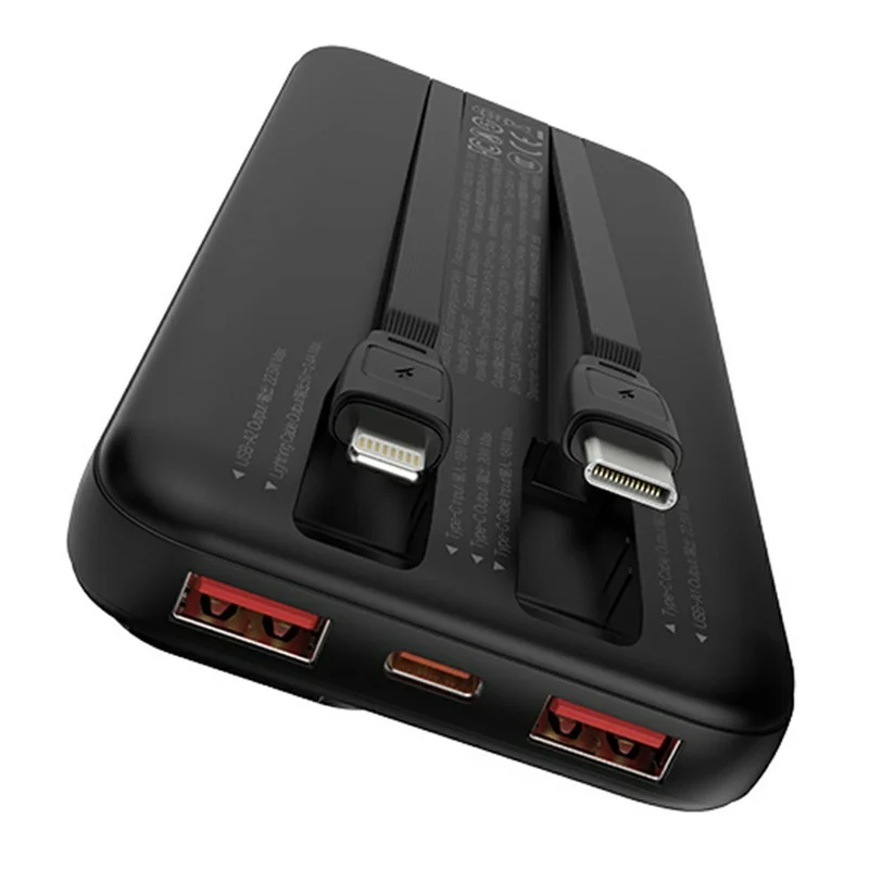 RECCI RPB-P67 10000mAh Power Bank Digital Display Portable Phone Charger Built-in Cable - Black