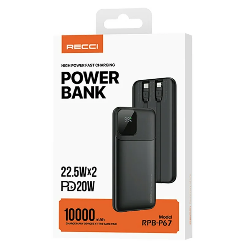 RECCI RPB-P67 10000mAh Power Bank Digital Display Portable Phone Charger Built-in Cable - Black
