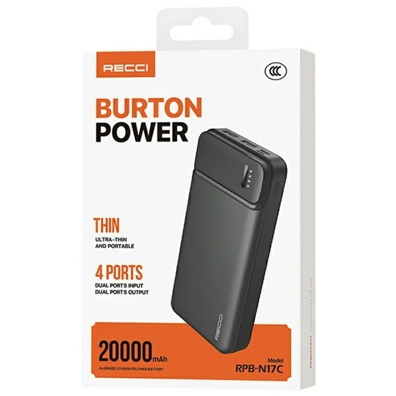 RECCI RPB-N17C Power Bank 20000mAh Portable Phone Charger with Dual USB Output - Black