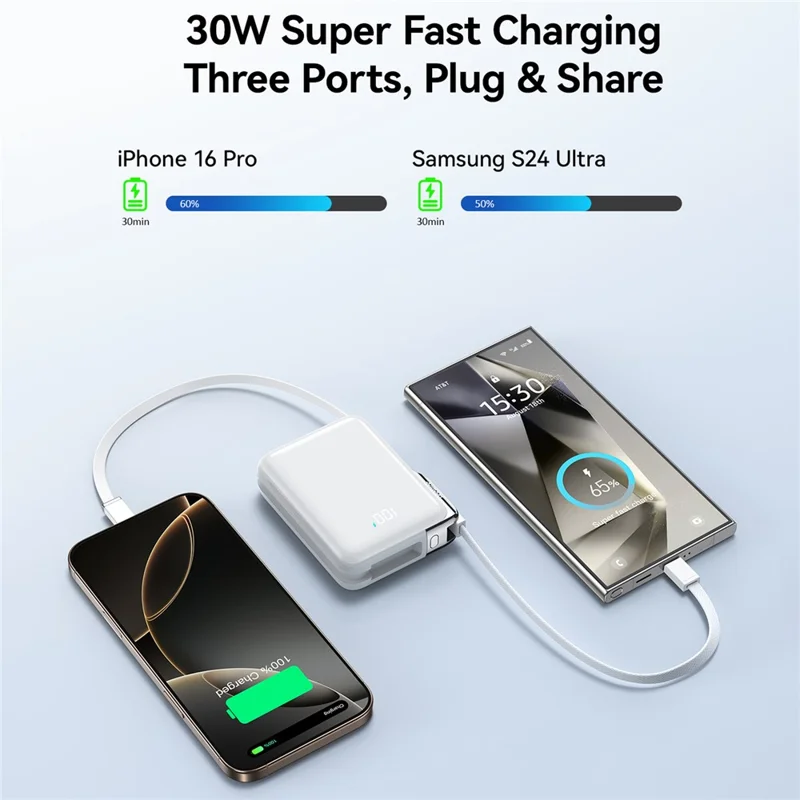JOYROOM JR-PBF27 Pro Power Bank 30W Schnelles Laden 10000mAh Tragbares Ladegerät mit integriertem Typ-C- und iP-Kabel
