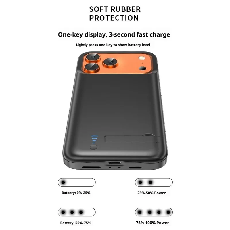 Étui de batterie pour iPhone 17 Pro Max T93 avec support - 6000 mAh - Noir