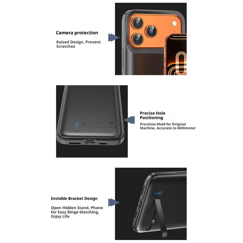 Étui de batterie pour iPhone 17 Pro Max T93 avec support - 6000 mAh - Noir