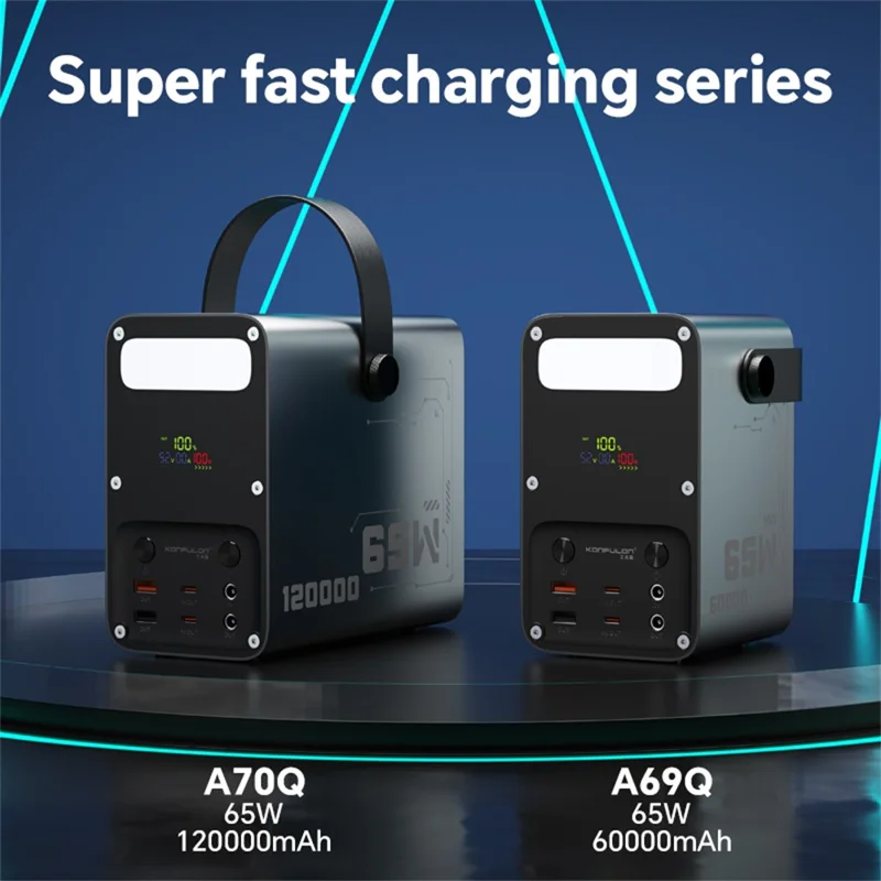 KONFULON A70Q 120000MAH Hochleistungs-Powerbank PD 65W Schnellladegerät mit Mehrfachanschlüssen - Schwarz