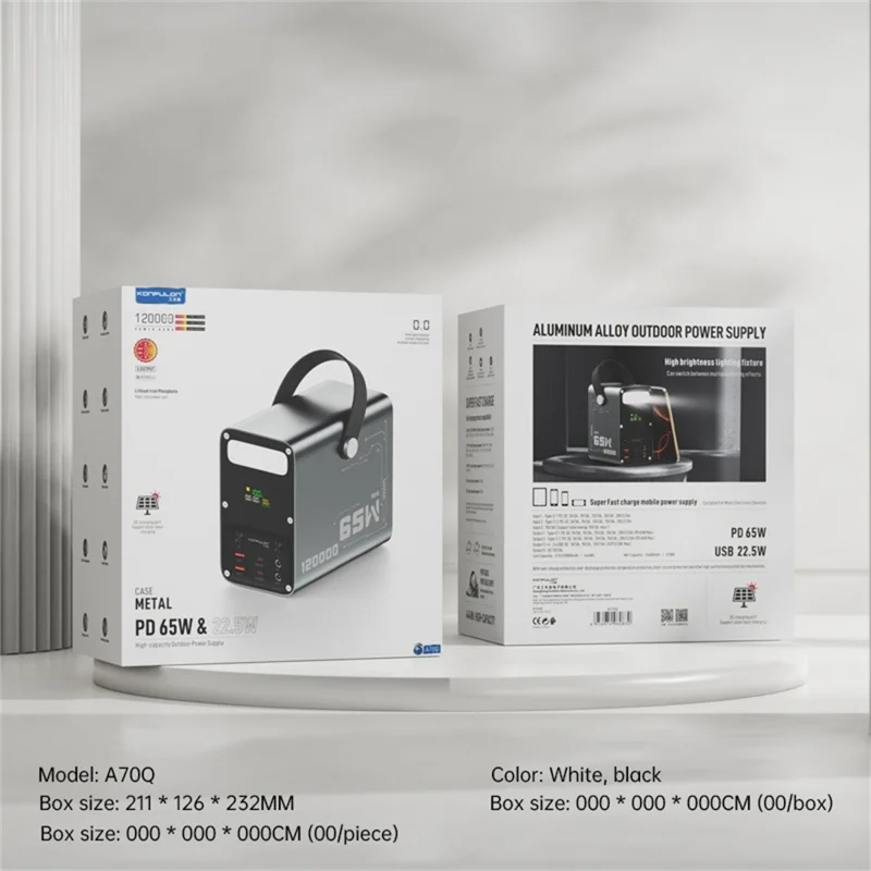 KONFULON A70Q 120000MAH Hochleistungs-Powerbank PD 65W Schnellladegerät mit Mehrfachanschlüssen - Schwarz