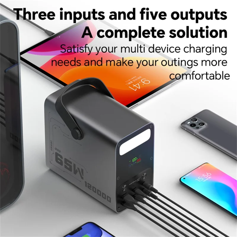 KONFULON A70Q 120000MAH Hochleistungs-Powerbank PD 65W Schnellladegerät mit Mehrfachanschlüssen - Schwarz