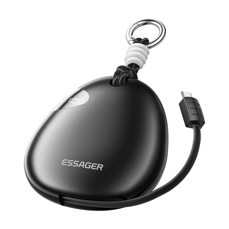 ESSAGER 10000mAh 22.5W Fast Charging Power Bank with Retractable Type-C Cable Large Capacity Battery Pack - Black