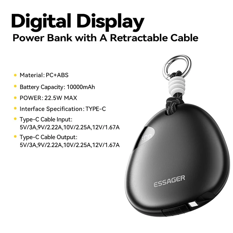 ESSAGER 10000mAh 22.5W Fast Charging Power Bank with Retractable Type-C Cable Large Capacity Battery Pack - Black