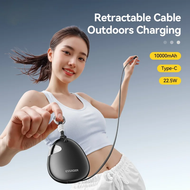 ESSAGER 10000mAh 22.5W Fast Charging Power Bank with Retractable Type-C Cable Large Capacity Battery Pack - Black