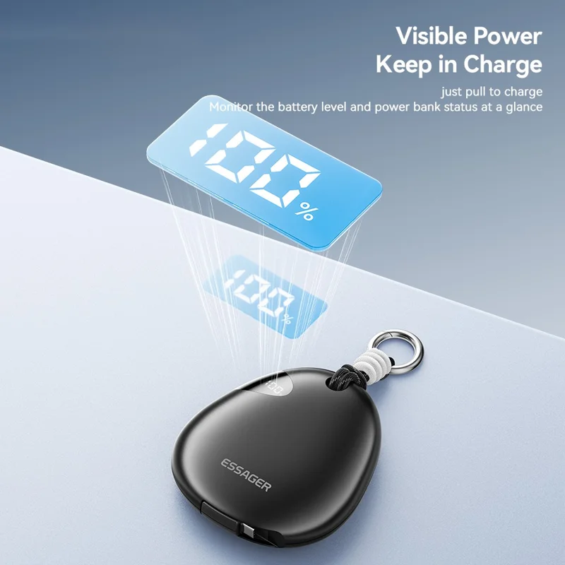 ESSAGER 10000mAh 22.5W Fast Charging Power Bank with Retractable Type-C Cable Large Capacity Battery Pack - Black