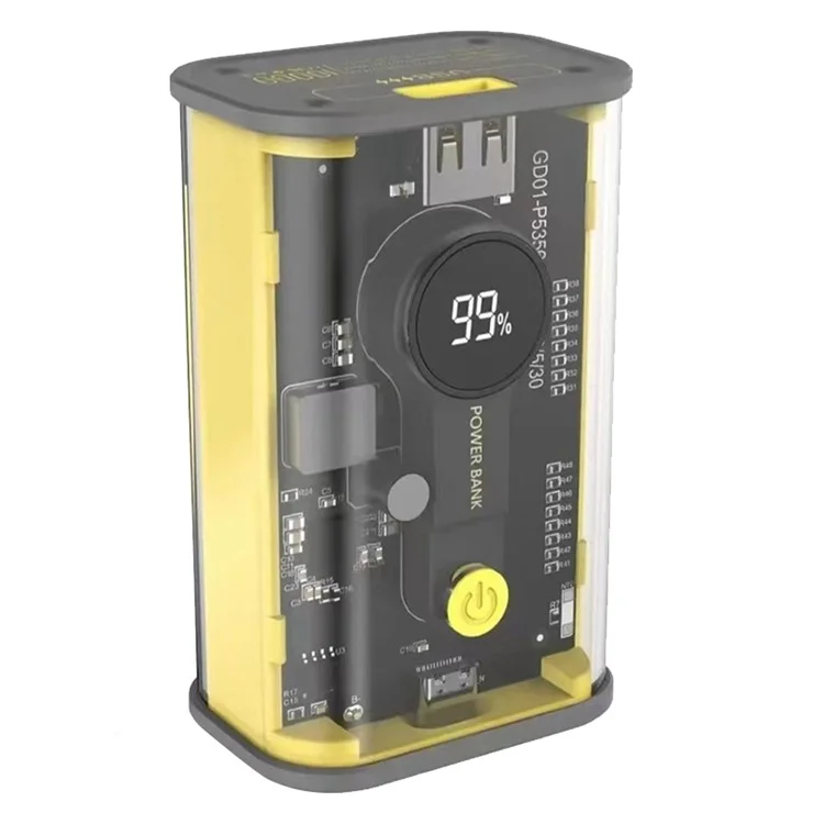 FOISONKY K16 10000mAh PD 20W Type-C + USB Output Power Bank Transparent Phone Charger External Battery with Digital Display - Yellow