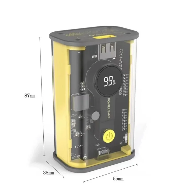 FOISONKY K16 10000mAh PD 20W Type-C + USB Output Power Bank Transparent Phone Charger External Battery with Digital Display - Yellow