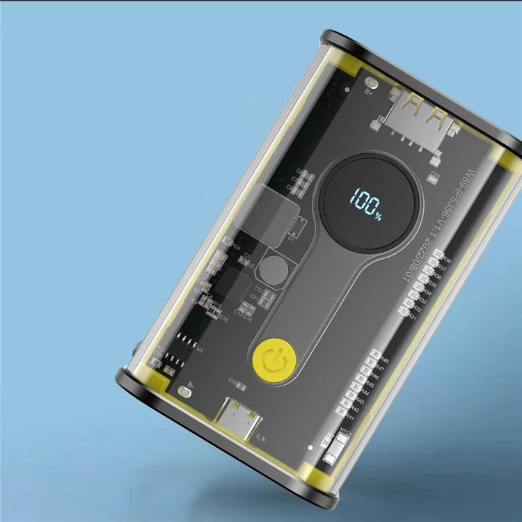 FOISONKY K16 10000mAh PD 20W Type-C + USB Output Power Bank Transparent Phone Charger External Battery with Digital Display - Yellow