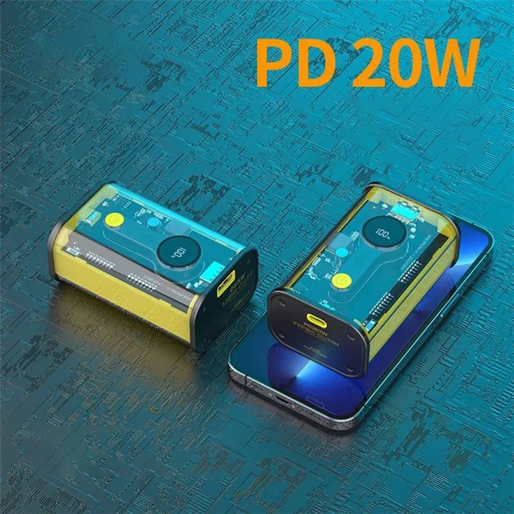 FOISONKY K16 10000mAh PD 20W Type-C + USB Output Power Bank Transparent Phone Charger External Battery with Digital Display - Yellow