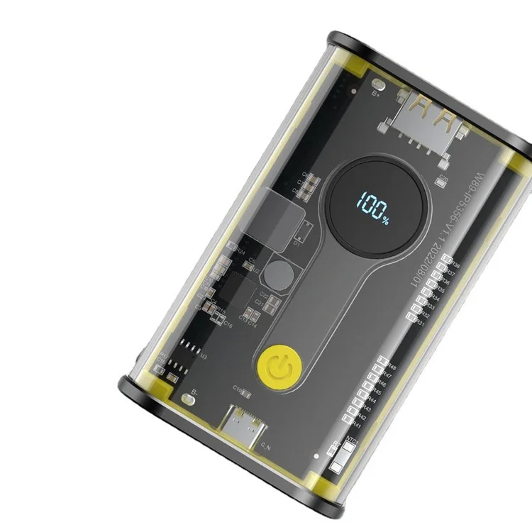FOISONKY K16 10000mAh PD 20W Type-C + USB Output Power Bank Transparent Phone Charger External Battery with Digital Display - Yellow