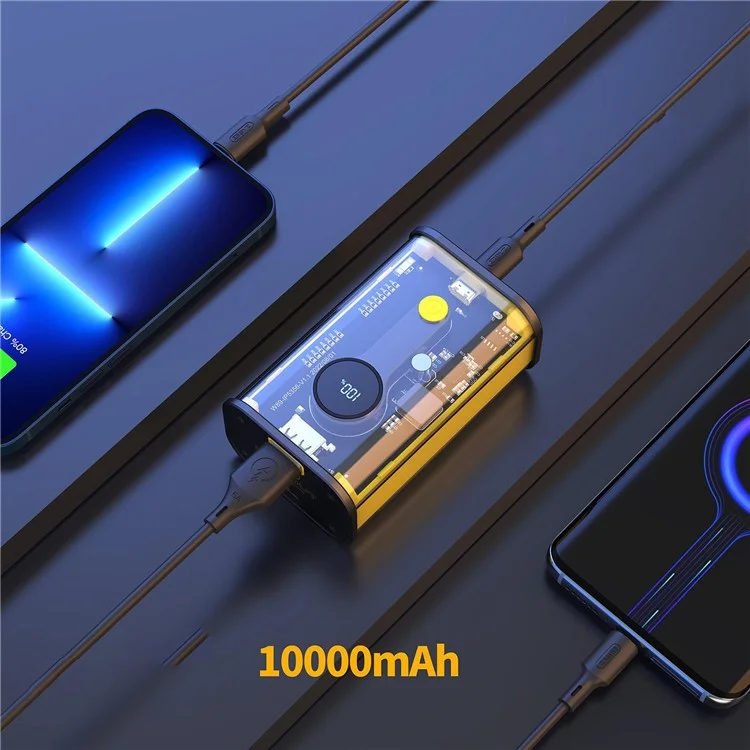 FOISONKY K16 10000mAh PD 20W Type-C + USB Output Power Bank Transparent Phone Charger External Battery with Digital Display - Yellow