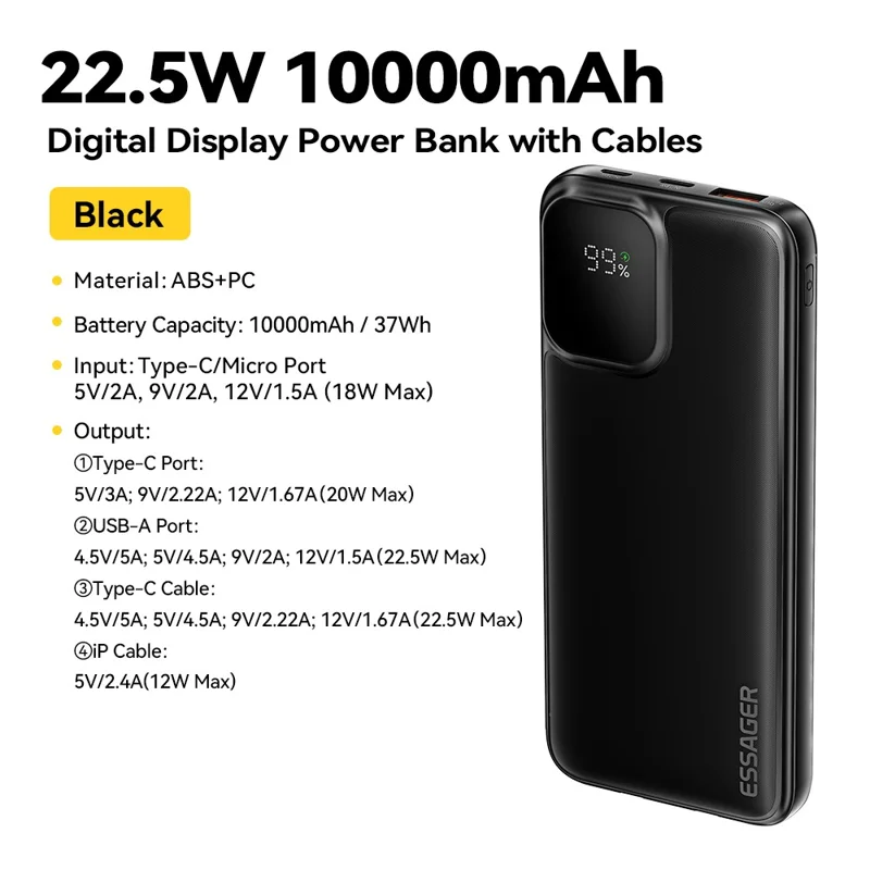 ESSAGER Digital Display 10000mAh Power Bank with Type-C + iP Cables 22.5W Fast Charging Battery Pack - Black