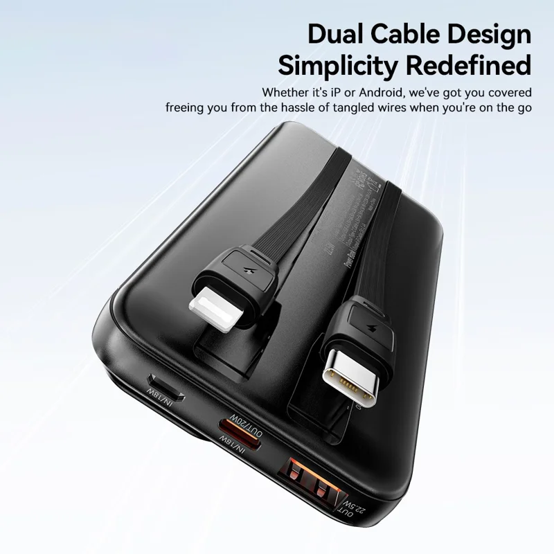 ESSAGER Digital Display 10000mAh Power Bank with Type-C + iP Cables 22.5W Fast Charging Battery Pack - Black
