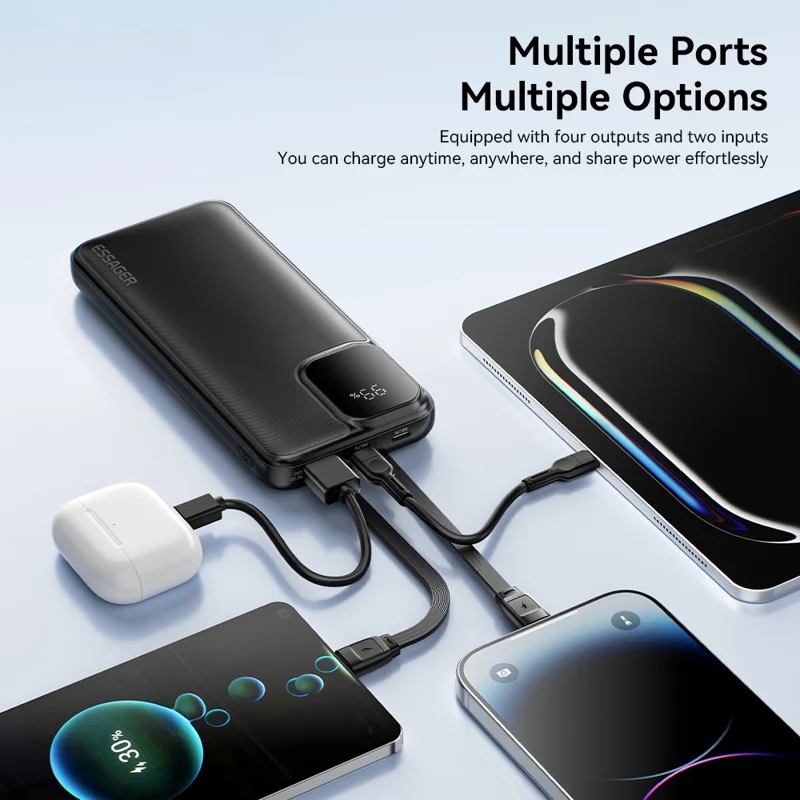 ESSAGER Digital Display 10000mAh Power Bank with Type-C + iP Cables 22.5W Fast Charging Battery Pack - Black