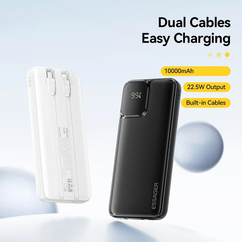 ESSAGER Digital Display 10000mAh Power Bank with Type-C + iP Cables 22.5W Fast Charging Battery Pack - Black
