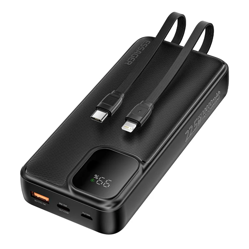 ESSAGER Digital Display 20000mAh Power Bank with Type-C + iP Cables 22.5W Fast Charging Battery Pack - Black