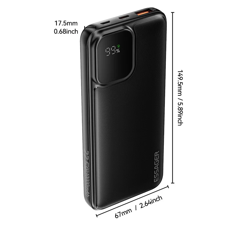 ESSAGER Digital Display 20000mAh Power Bank with Type-C + iP Cables 22.5W Fast Charging Battery Pack - Black