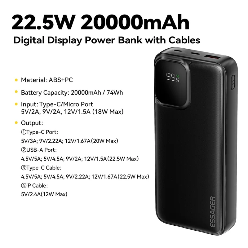 ESSAGER Digital Display 20000mAh Power Bank with Type-C + iP Cables 22.5W Fast Charging Battery Pack - Black