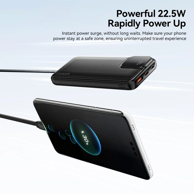 ESSAGER Digital Display 20000mAh Power Bank with Type-C + iP Cables 22.5W Fast Charging Battery Pack - Black