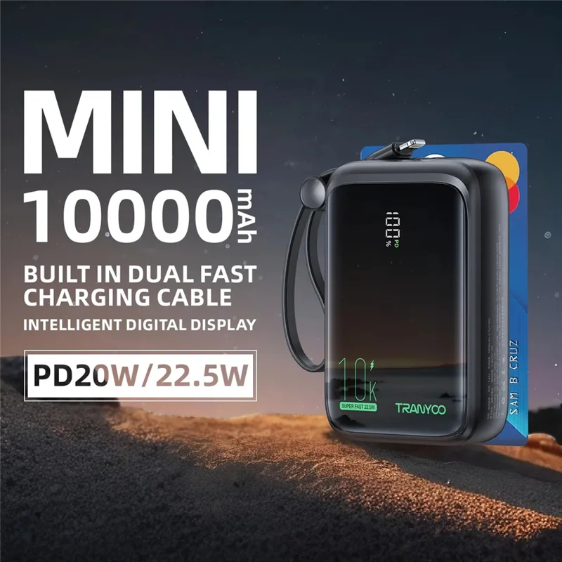 TRANYOO T-K14 Digital Display Power Bank 10000mAh Fast Charging Portable Charger Built-in Type-C + iP Cables