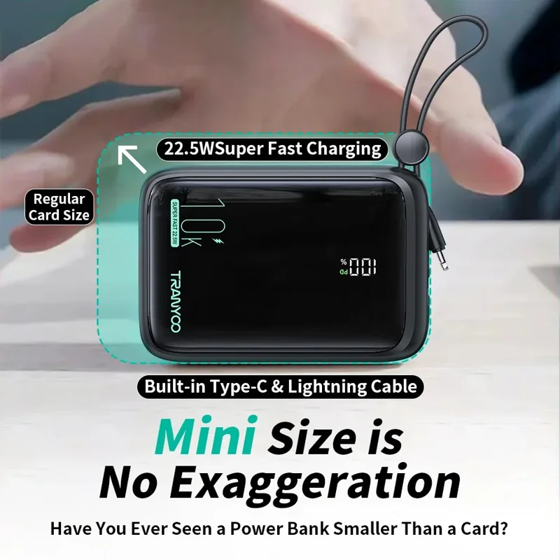 TRANYOO T-K14 Digital Display Power Bank 10000mAh Fast Charging Portable Charger Built-in Type-C + iP Cables