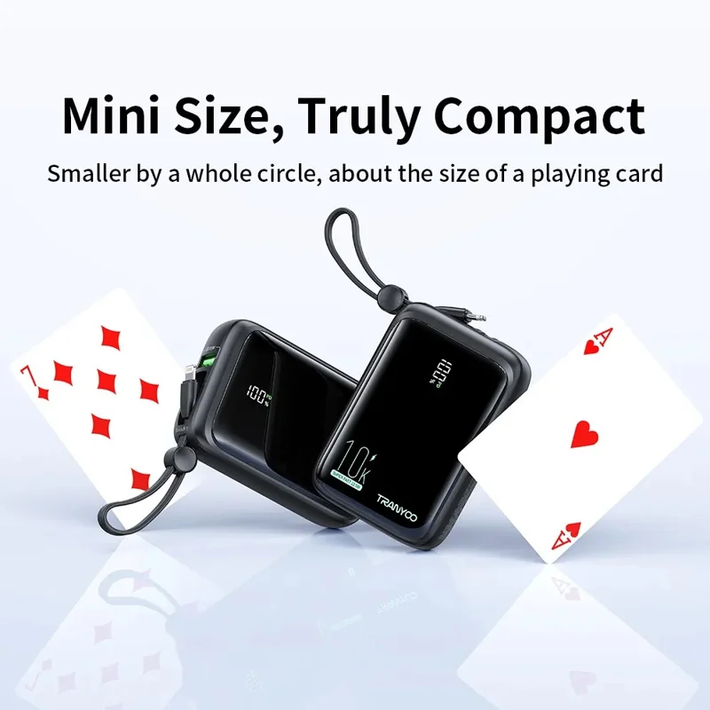 TRANYOO T-K14 Digital Display Power Bank 10000mAh Fast Charging Portable Charger Built-in Type-C + iP Cables